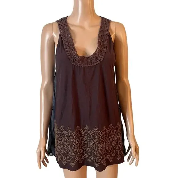 Language Sleeveless Brown Tunic Tank Top Women’s Large Crochet Trim Boho - Picture 4 of 8